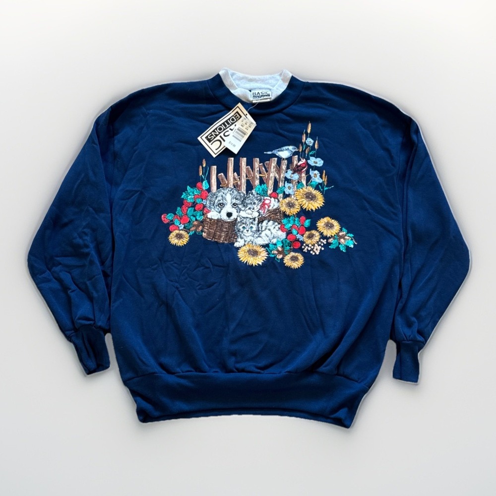 Vintage Basic Editions Sweatshirt Women's L Cottagecore Granny Kittens 90s